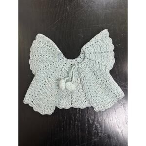 Powder Blue Baby Blue- Crochet Knit- Cardigan Doll Sized- Vintage tassel tie